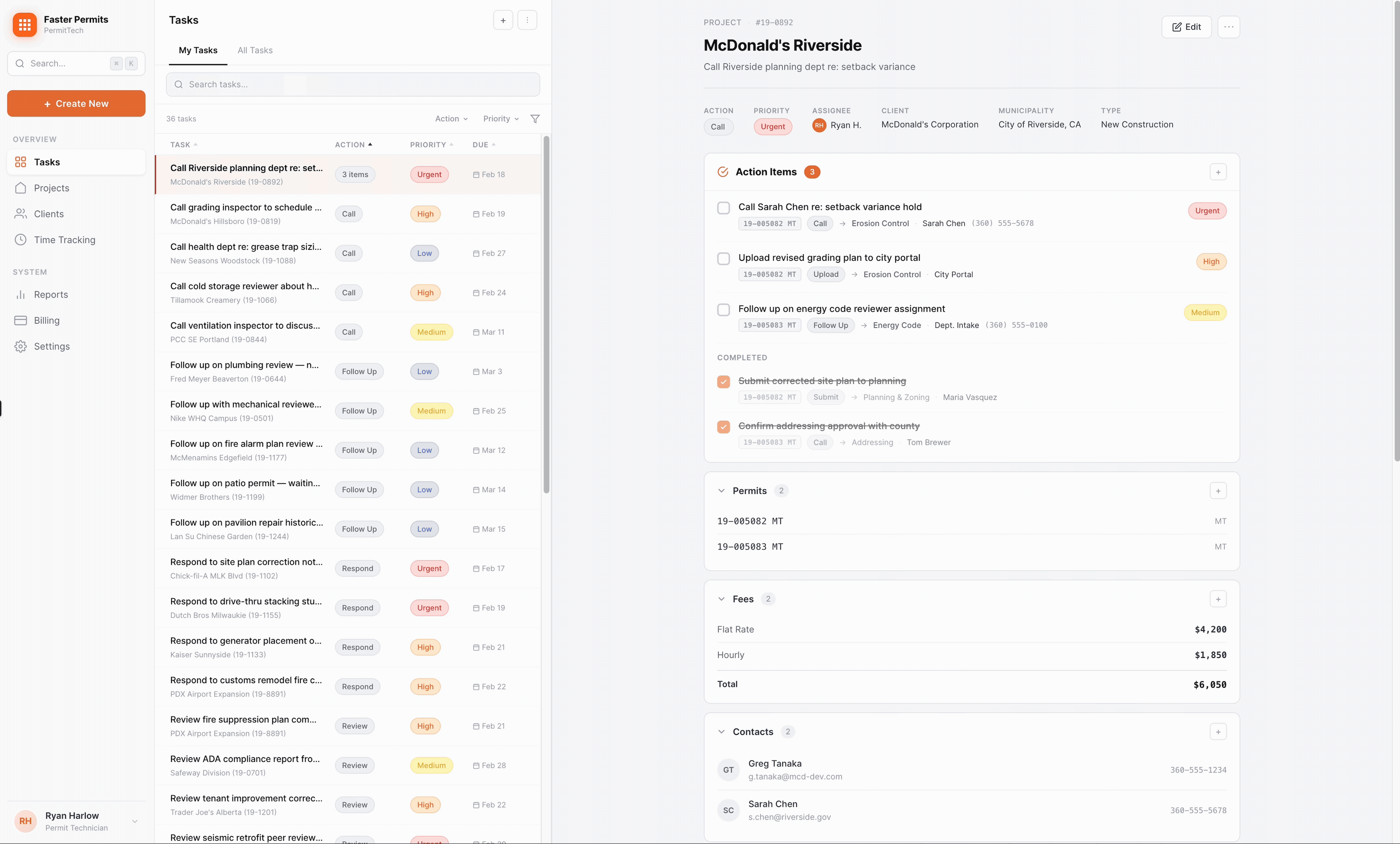Task list + project detail panel — three-panel layout showing project/task hierarchy and permit phase tracking in context